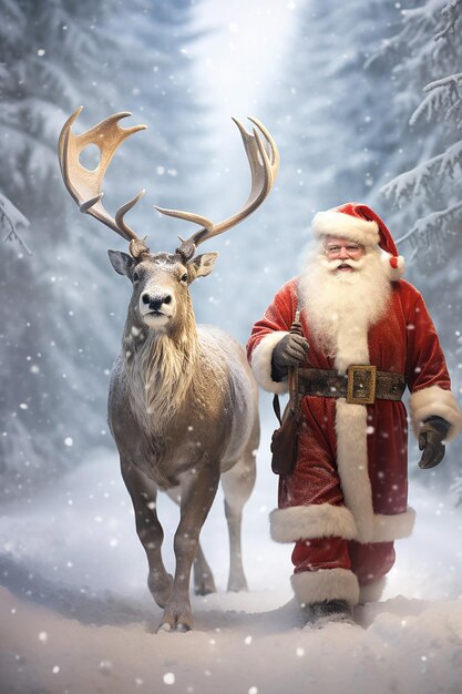 Le Père Noël et Rudolph dans un magnifique paysage enneigé du pays des merveilles hivernal