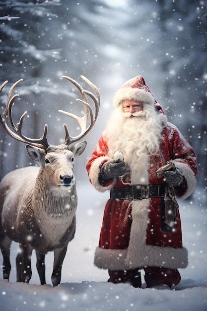 Photo le père noël et rudolph dans un magnifique paysage enneigé du pays des merveilles hivernal