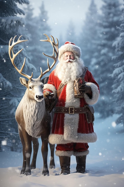 Photo le père noël et rudolph dans un magnifique paysage enneigé du pays des merveilles hivernal