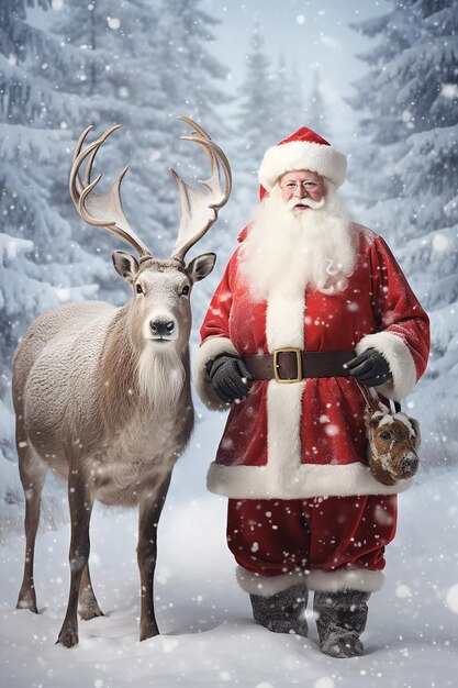 Photo le père noël et rudolph dans un magnifique paysage enneigé du pays des merveilles hivernal