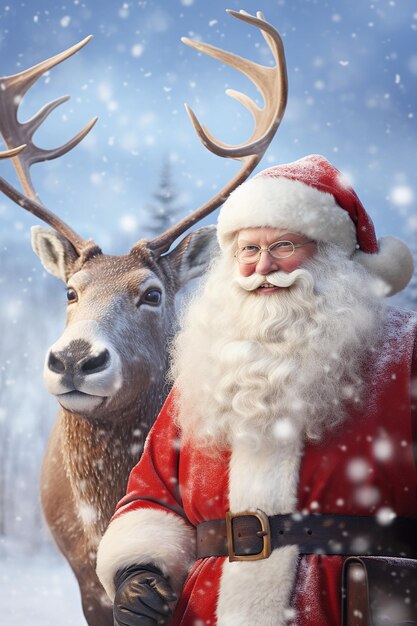 Photo le père noël et rudolph dans un magnifique paysage enneigé du pays des merveilles hivernal