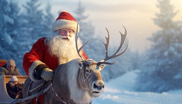 Père Noël et Rudolph dans un magnifique paysage de neige au pays des merveilles hivernales