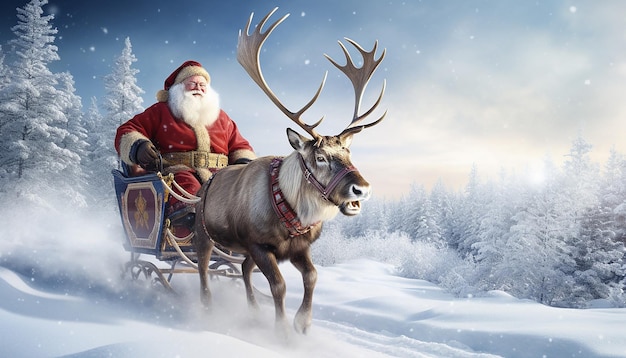 Père Noël et Rudolph dans un magnifique paysage de neige au pays des merveilles hivernales