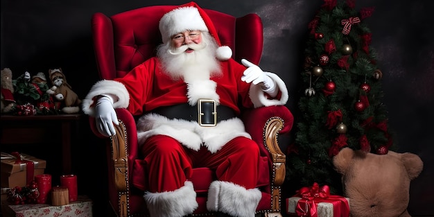 Photo le père noël s'asseyant dans une chaise rouge avec un arbre de noël à l'arrière-plan