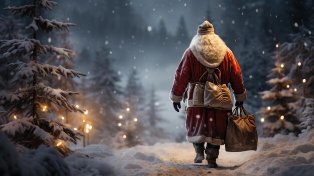 Le Père Noël se promène dans un paysage enneigé avec un sac de cadeaux