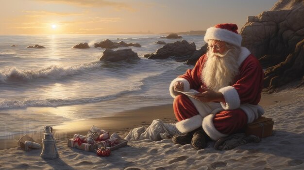 Photo le père noël se repose sur la mer.