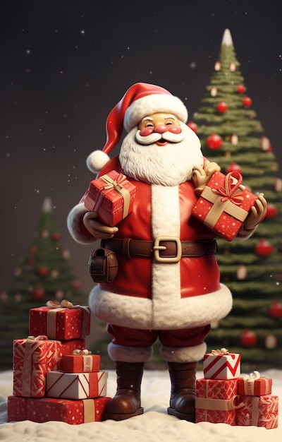 Le Père Noël se tient devant un arbre de Noël avec des cadeaux génératifs.