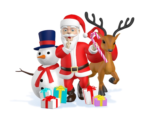 Le Père Noël a un secret avec Snowman et Little Deer à côté de lui Leur mission est d'apporter des cadeaux3d