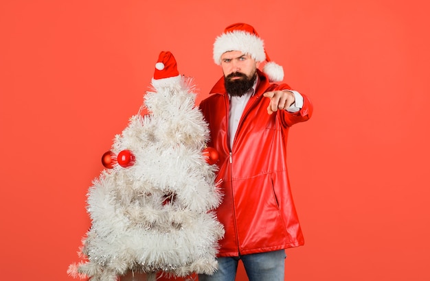 Le père noël sérieux avec le concept de décoration d'arbre de pin le père noël tient l'arbre de noël et les points