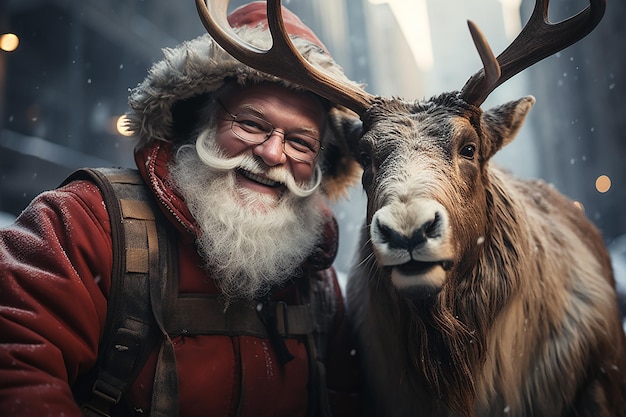 Le Père Noël et ses rennes prennent un selfie ensemble en ville.