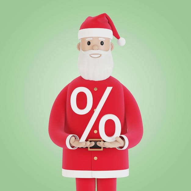 Père Noël avec un signe de pourcentage Remises de Noël vente illustration 3D en style cartoon
