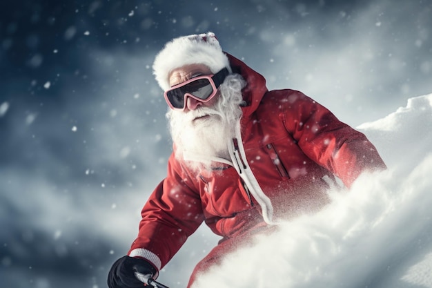 Le Père Noël skie dans les montagnes enneigées Illustration générative de l'IA