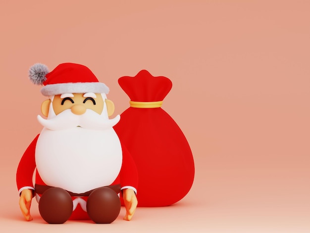 Père Noël avec son sac de sac rouge, joyeux Noël fond rendu 3d