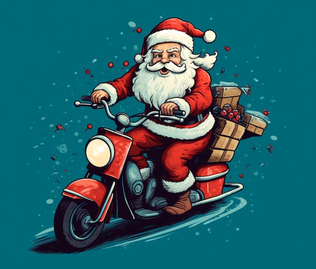 Père Noël sur son scooter et portant des cadeaux