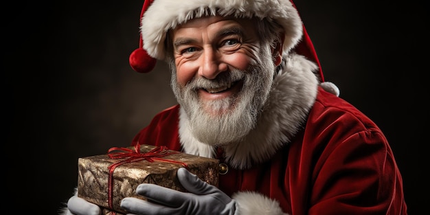 Père Noël souriant dans un costume rouge et un chapeau avec une boîte-cadeau dans ses mains Bannière de carte de voeux pour Noël et le nouvel an