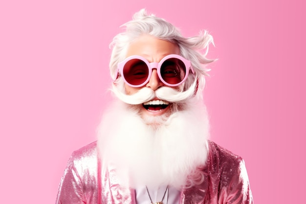 Photo le père noël souriant, drôle et fantaisiste, portant une veste brillante et des lunettes roses, posant sur un studio rose.