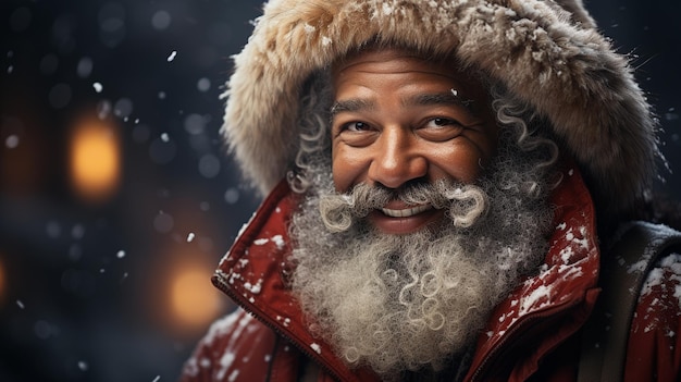 Père Noël souriant regardant par la fenêtre avec de la neige