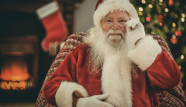 Père Noël souriant tenant ses lunettes sur le fauteuil à la maison dans le salon