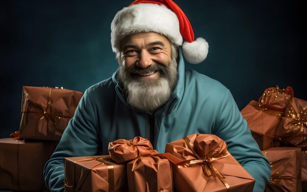 Le Père Noël souriant et la vente de cadeaux de Noël