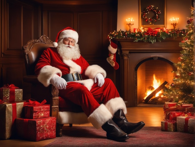 Père Noël surpris dans une belle salle à côté de la cheminée et du sapin de Noël