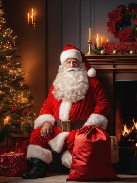 Père Noël surpris dans une belle salle à côté de la cheminée et du sapin de Noël