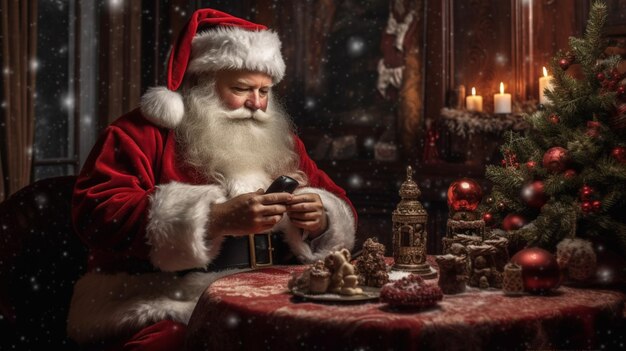 Père Noël à une table avec un sapin de Noël