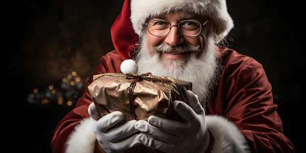 le Père Noël tenant un cadeau emballé dans ses mains IA générative