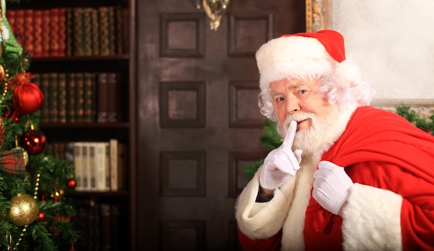 Père Noël tenant un sac de transport avec des cadeaux pour les enfants.