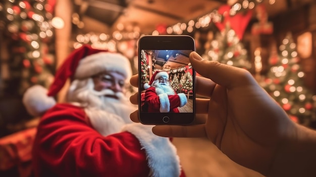 Père Noël tenant un téléphone