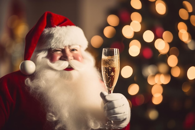 Père Noël tenant un verre de champagne à la veille de Noël acclamations festives