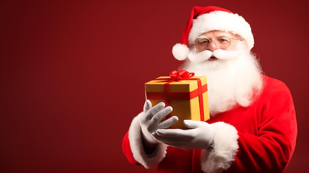 Photo le père noël tient une boîte à cadeaux sur le fond rouge thème de noël avec un espace de copie pour le texte