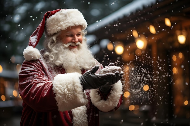 Un Père Noël tient une boîte à cadeaux.