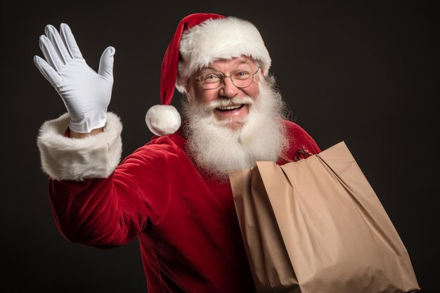 Photo le père noël tient un sac de cadeaux avec la main levée