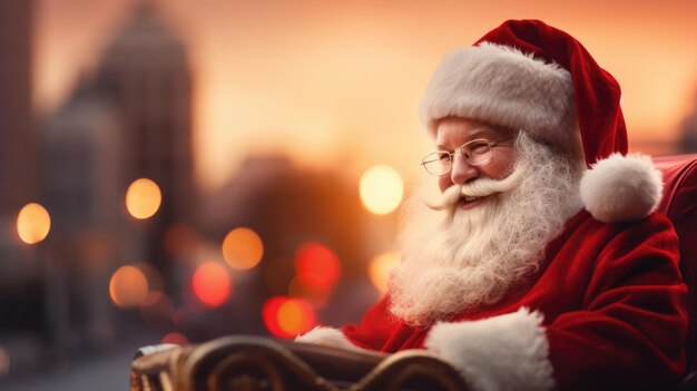 Père Noël sur un traîneau en gros plan sur fond métropolitain au coucher du soleil Carte du Nouvel An Ambiance de Noël Couleurs vintage