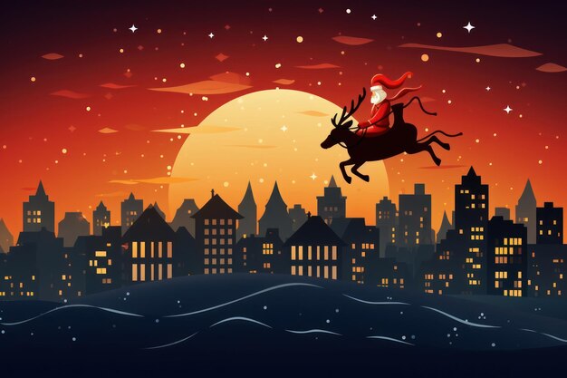 Le père Noël sur un traîneau avec des rennes dans le ciel nocturne au-dessus de la ville