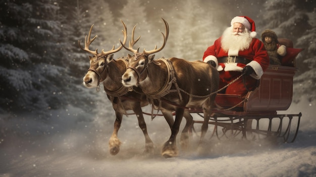 Le Père Noël en traîneau avec des rennes Joyeux Noël et bonne année