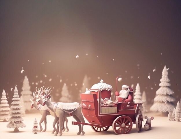 Le Père Noël sur un traîneau avec des rennes passe à travers la forêt enneigée sur le papier peint de Noël généré par l'IA