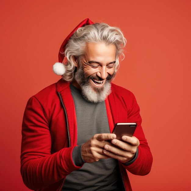 Photo le père noël utilisant un smartphone isolé sur un fond de studio coloré