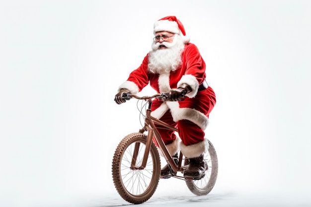 Père Noël à vélo isolé sur fond blanc