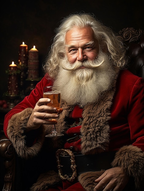 Père Noël avec un verre de whisky Grand-père joyeux et drôle Frost à la veille de la nouvelle année vous souhaite de joyeuses fêtes le spectacle d'hiver est amusant