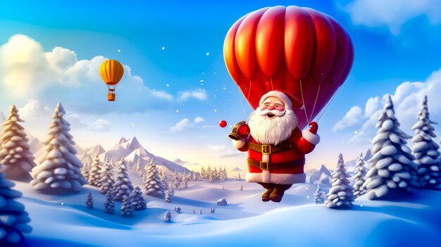 Le Père Noël vole en montgolfière dans un paysage enneigé AI générative