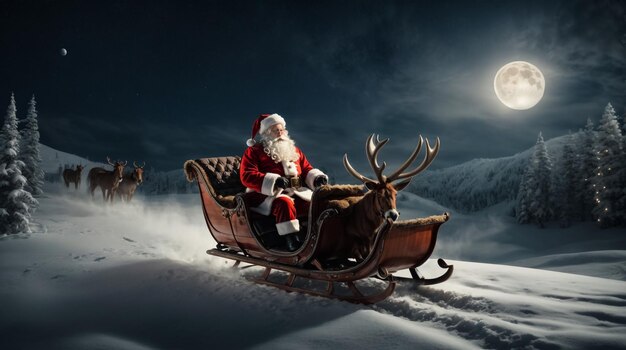 Le Père Noël vole la veille de Noël dans le ciel nocturne avec de la neige