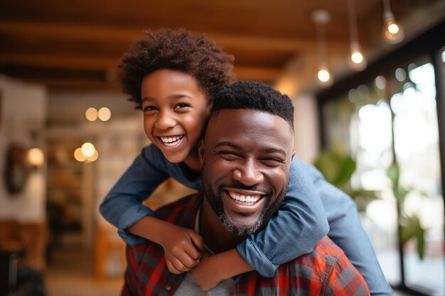 Un père noir africain heureux s'amusant avec un adolescent à la maison.