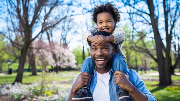 Un père noir heureux portant son fils sur ses épaules.