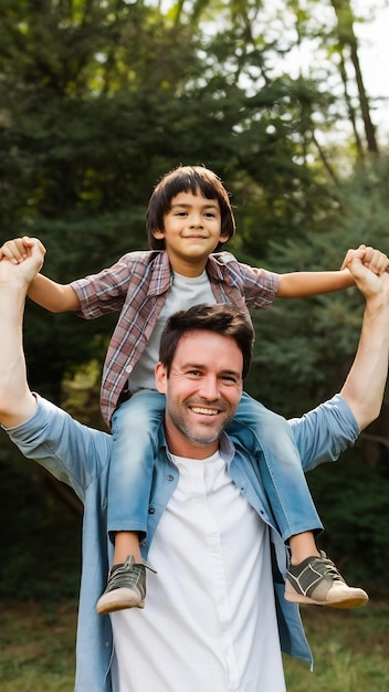 Un père noir heureux portant son fils sur ses épaules.