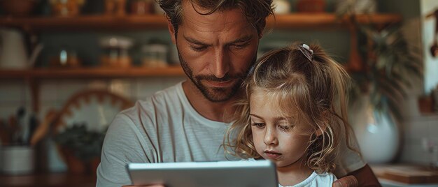 Le père partage la tablette avec la fille dans la cuisine.