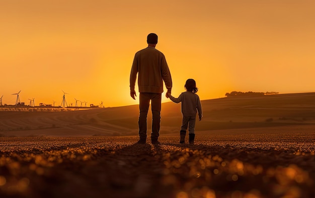 Père et petite fille dans la nature au coucher du soleil concept de famille heureuse