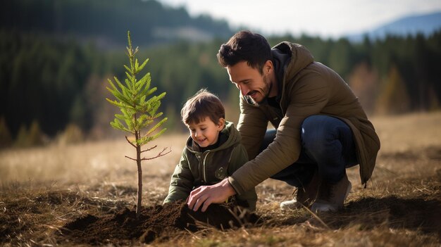 Un père plantant un arbre avec son jeune fils