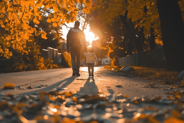 un père de police marchant avec son fils marchant en arrière sur un beau coucher de soleil