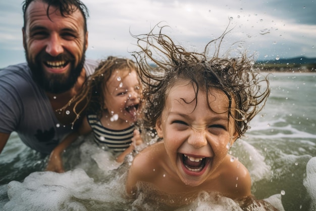 Un père profite d'un bain de rivière avec ses deux enfants et leurs rires ajoutent à la gaieté